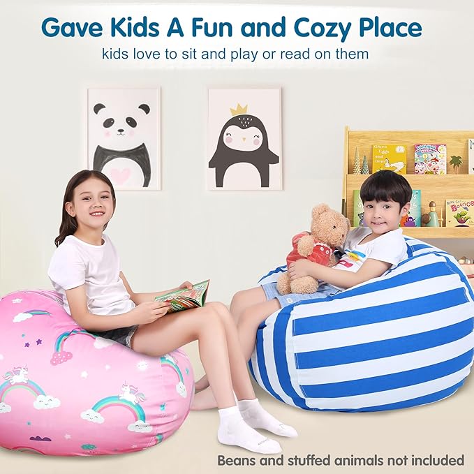 Lukeight Stuffed Animal Storage Bean Bag Chair Cover for Kids, Zipper Beanbag Chair Cover for Organizing Toddler and Kids' Rooms Plush Toys (Blue+White Velvet, XX-Large)