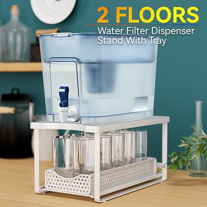 Water Dispenser Stand for Countertop-Metal Black Water Filter Stand 14.5"x7.7"x6.9",with Drawers Suitable,Compatible with Brita Water Pitcher and Zerowater Pitcher (White)