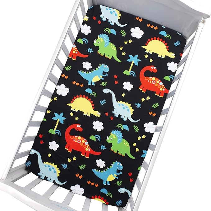 JISEN Baby Crib Sheets 2 Piece Portable Fitted Crib Sheet for Standard Crib and Toddler Mattresses Nursery Bed Decor for Boys Girls 28x52 Inch Grey/Black Dinosaurs