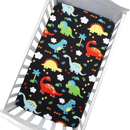 JISEN Baby Crib Sheets 2 Piece Portable Fitted Crib Sheet for Standard Crib and Toddler Mattresses Nursery Bed Decor for Boys Girls 28x52 Inch Grey/Black Dinosaurs