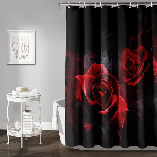 AILONEN Red and Black Rose Shower Curtain,Romantic Smoky Luxury Rose Bathroom Decor,Red Flower Garden Floral Bath Curtain,Waterproof 72" W x 78" H