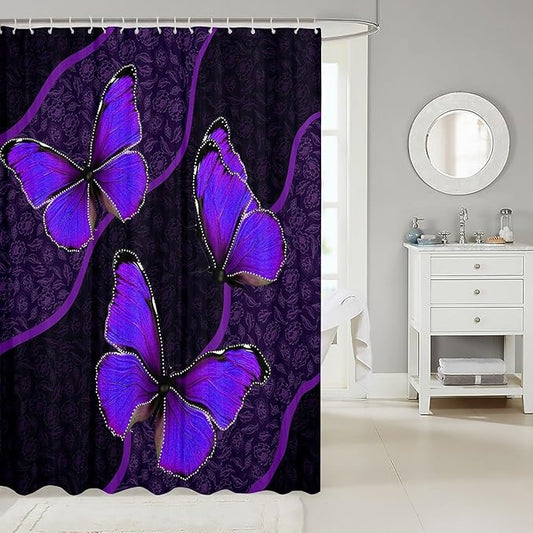 Feelyou Butterfly Shower Curtain 72"x72" Kids Butterflies Botanical Floral Print Bathroom Shower Curtain Set for Boys Girls Teens Geometric Stripes Bath Curtain Purple Bathroom Accessories
