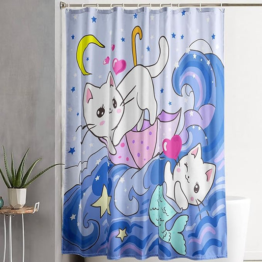 AILONEN Cute Cat Shower Curtain,Kawaii Cartoon Mermaid Kitten Polyester Cloth Bath Curtain Set for Girls Boys,Kittens with Spray Waterproof Shower Curtains for Bathroom, 72" W*84" H Blue
