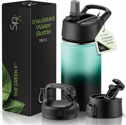 SipX™ Triple-Insulated Stainless Steel Water Bottle 18oz. With 3 Lids, BPA-Free Reusable Insulated Water Bottle Keeps Cold 24 Hours, Metal Water Bottle Made Of Sustainable Material For Hiking & Biking