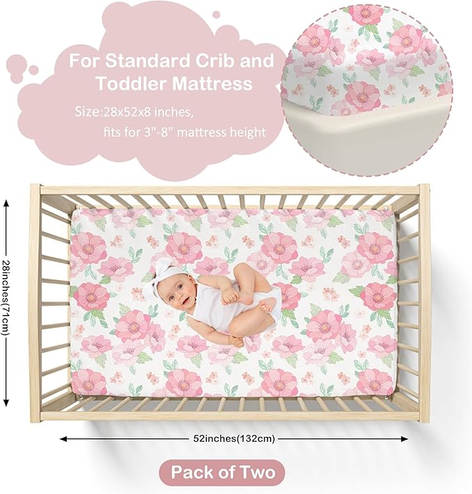 Baby Crib Sheets for Girls,2 Pack 28”x52”x8” Fitted Crib Sheets for Standard Crib and Toddler Mattress Soft Microfiber Baby Sheets for Crib (Floral White)