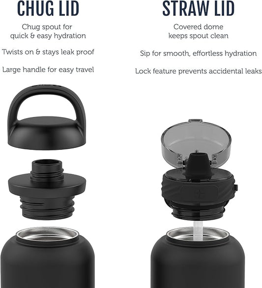 Ello Cooper 40oz Stainless Steel Water Bottle with 2 Lids Chug and Straw | Leak Proof | Double Walled and Vacuum Insulated | Built in Carry Loop | Dishwasher Safe | Antigua