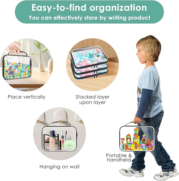Clear Hard Zipper Pouch, Bliss Zippered Storage Bins, Waterproof PVC Shell Travelling Bags, Storage for Board Games, Building Blocks, Puzzles, Kids Books with Handle, Plastic Organizing, 4Pc