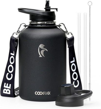 Coolflask 64oz Insulated Water Bottle with Strap, Half Gallon Large Water Jug with Straw & Spout Lids, Double Wall Stainless Steel Metal Flask, Keep Cold 48h Hot 24h, Leak Proof&Non-BPA, Magic Black