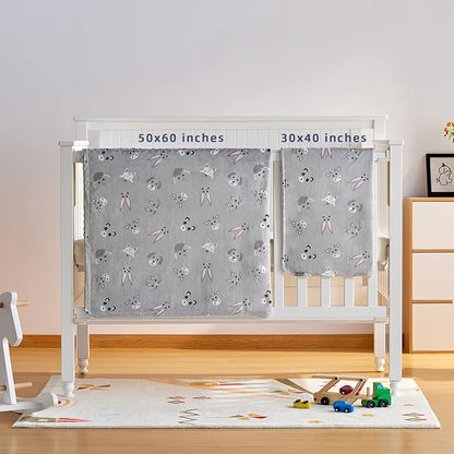 DaysU Silky Micro Soft Plush Baby Blankets Unisex with Print Animal Pattern and Soothing Raised Dots, Double Layer Bed Throws for Toddler Cot, Animal Faces, Grey, 50x60 Inches