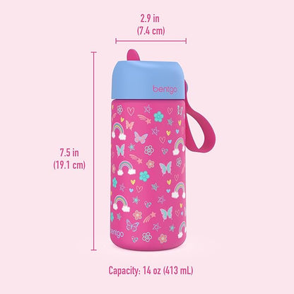 Bentgo® Kids Stainless Steel Insulated Water Bottle - Leak-Proof; Keeps Cool for 12 Hours; Durable, BPA-Free, Dishwasher Safe 14 oz. Cup for Ages 3+ for School/Sports/Daycare (Rainbows & Butterflies)