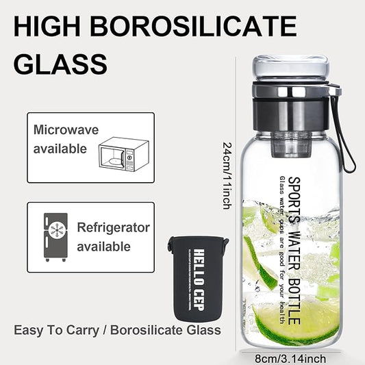 Glass Drinking Bottles,Borosilicate Sports water bottles, 34oz Capacity, With Stainless Steel Tea Strainer and Cup sleeve，Leak-Proof, BPA-Free, for Hot & Cold Beverages Tea, Juice(1PCS)