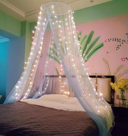 Eimilaly Two-Tone Bed Canopy Mosquito Net White Blue with Warm Lights, Bed Canopy for Girls Room Decor, Single Door