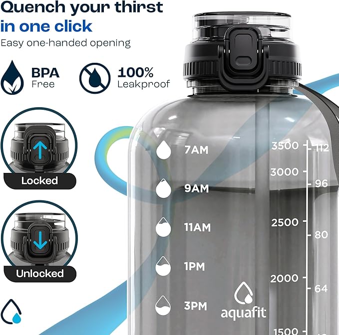 AQUAFIT 1 Gallon Water Bottle with Time Marker - BPA Free 128 oz Water Bottle with Straw, Gym Water Bottle with Handle, 1 Gallon Water Jug, Big Water Bottle, Large Water Bottle (Frosty)