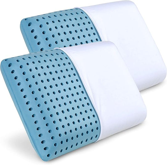 Pharmedoc Cooling Memory Foam Pillows, 2 Pack, Ventilated Cool Blue Bed Pillow, Reading and Bed Rest Pillows, Standard, Back Sleeper and Side Sleeper Support, Sleeping Pillows for Adults