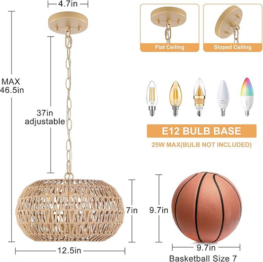 Rattan Farmhouse Chandeliers for Dining Room, 3-Light Boho Chandelier with Wicker Lampshade, Coastal Hanging Ceiling Pendant Light Fixtures for Kitchen Island Bedroom Living Room, E12 Base