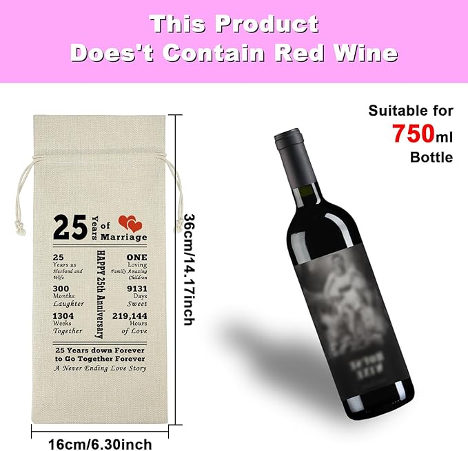 25 Year Marriage Gift for Wife Husband Wine Bag 25th Anniversary Wedding Gift for Her Him Drawstring Burlap Wine Bag Anniversary Keepsake Gift for Couples Friend Valentine Gift for Husband Wife