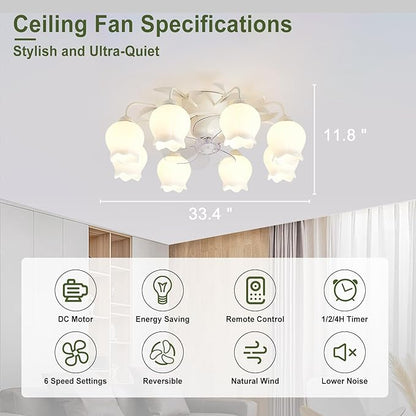 Flower Ceiling Fan with Light: White Flower Fan Lights for Girls Bedroom - Flush Mount Fandelier for Living Room - 8-Light Modern Chandelier with Fan for Home Decor Enthusiasts