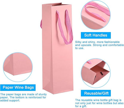 uxcell Wine Bags, 24pcs Pink 4 x 4 x 14 In Wine Gift Bags with Handles Paper Wine Tote Bag for Wedding Birthday Christmas Party Supplies
