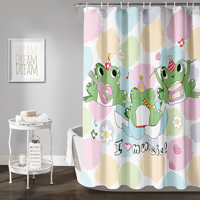 AILONEN Frog Shower Curtain, Cute Frog Bathroom Curtain,Music Frog Green Cartoon Kids Shower Curtain 48" W*72" H Polyester Waterproof Frog Bathroom Curtain with 12 Hooks