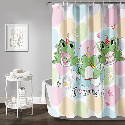 AILONEN Frog Shower Curtain, Cute Frog Bathroom Curtain,Music Frog Green Cartoon Kids Shower Curtain 48" W*72" H Polyester Waterproof Frog Bathroom Curtain with 12 Hooks