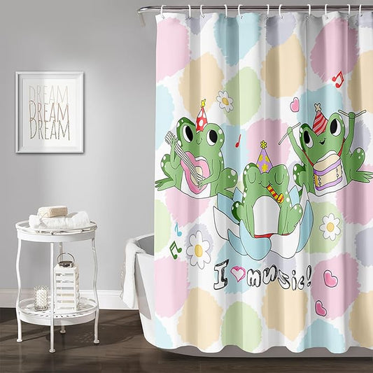 AILONEN Frog Shower Curtain, Cute Frog Bathroom Curtain,Music Frog Green Cartoon Kids Shower Curtain 48" W*72" H Polyester Waterproof Frog Bathroom Curtain with 12 Hooks