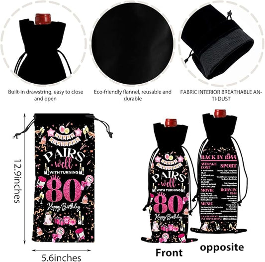80th Birthday Gifts for Women Men Wine Bag, Birthday Gifts for 80 Year Olds Woman, 80th Birthday Party Decorations for Women Men, Pairs Well with Turning 80 Wine Bags (Black Pink)