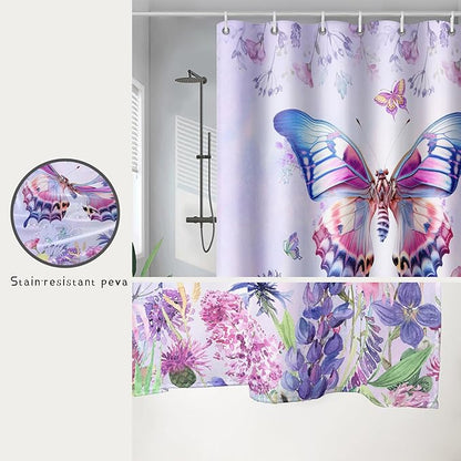 AILONEN Colorful Butterfly Shower Curtain for Girl Women,Purple Flower Beautiful Butterfly Printed Bath Curtain 48" W*72" H Polyester Fabric Waterproof Bathroom Bathtub Curtain with 12 Hooks