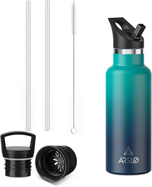 Stainless Steel Water Bottle with Straw - Insulated Water Bottle for Sports, Gym, School, Commute, Adults/Kids - Keep Cold for up to 24 Hours - Sweat/Leak-proof - 2 Lids - BPA Free