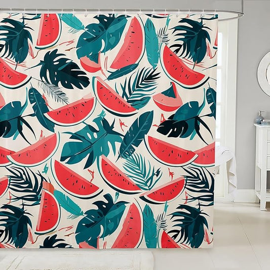Feelyou Tropical Leaves Shower Curtain Watermelon Fabric Shower Curtain for Kids Boys Girls Colour Bathroom Waterproof Accessories with 12 Hooks Green Leaf Curtains,72x72 Inches