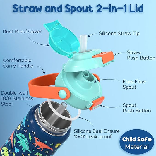 Kids Insulated Water Bottle with Pop-Open Straw & Spout 2-in-1 Lid, 18oz Leak Proof 18/8 Stainless Steel Vacuum Tumbler, BPA-Free Kids Cup For Travel School Boys Girls