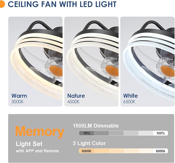 Ceiling Fans with Lights - 13" Bladeless Flush Mount Ceiling Fans with Remote and Led Light, 3CCT 6 Speeds 2 Timer, Black Low Profile Ceiling Fan Light for Modern Indoor Bedroom