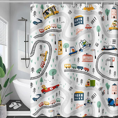 AILONEN Construction Truck Shower Curtain, Kids Cartoon Train Vehicle Tractor Cars Bath Curtain for Boys,White Road Map Bathroom Decor Waterproof Fabric 72" W*78" H Inch with 12 Plastic Hooks