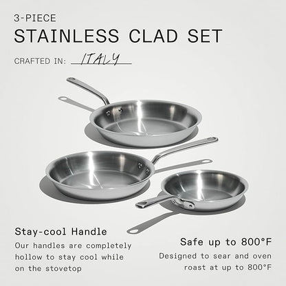 Made In Cookware - 3-Piece (Includes 8",10",12") Stainless Frying Pan Set - 5 Ply Stainless Clad - Professional Cookware - Crafted in Italy - Induction Compatible