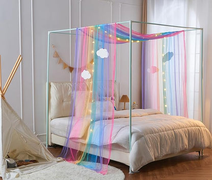 Rainbow Princess Canopy Bed Curtain Queen, Bed Scarf Valance with Cloud Ornaments, Bed Canopy for Girls Bedding Decor (1 Panel, Full/Queen Size)