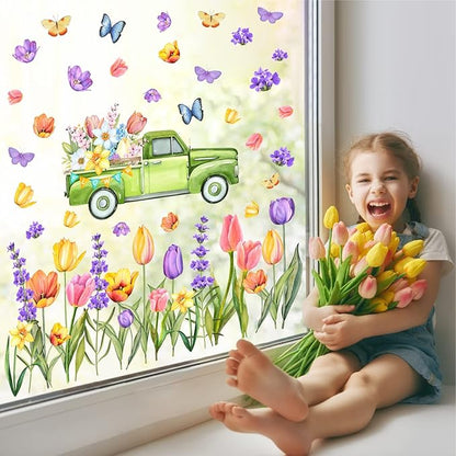 Garden Flowers Window Stickers Spring Window Cling Watercolor Butterflies Floral Wall Decals Peel and Stick Tulip Flower Window Decals for Kids Girls Bedroom Kitchen Shop Window Display Decoration