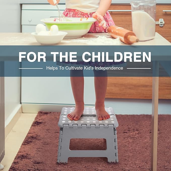 Folding Step Stool 9", Kids Step Stool, Heavy Duty Step Stools for Adults, Compact Foot Stools, Light-Weight Toddler Step Stool for Kitchen, Bathroom, Holds Up to 300 lbs (Grey)