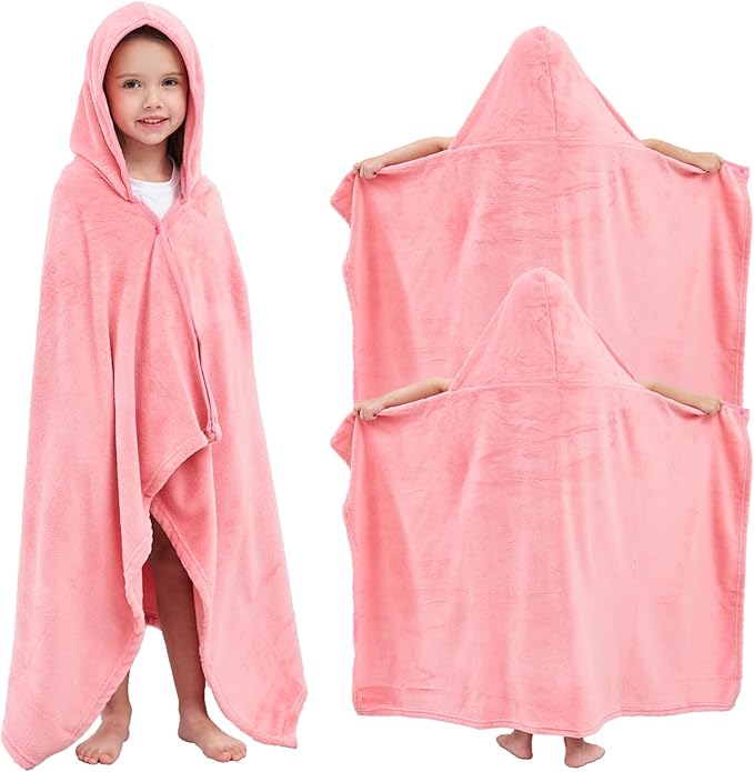 Hiturbo 2Pcs Kids Fleece Hooded Towel: Soft Plush Warm Blanket - 50"x30" Pool Beach Bath Swim Towel Wrap for 3-12 Yrs (Pink)