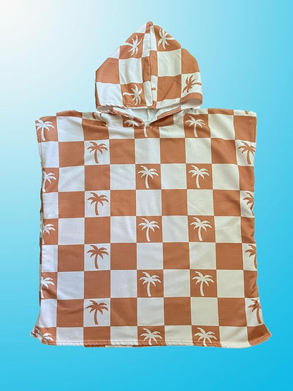 Kids Hooded Towel Poncho - Kids Beach Poncho - Kids Surf Poncho - Kids Pool Towel - Kids Beach Towel - Swim Coverup For Kids - Kids Beach Towel Poncho (Sand Checkered Palm Trees)