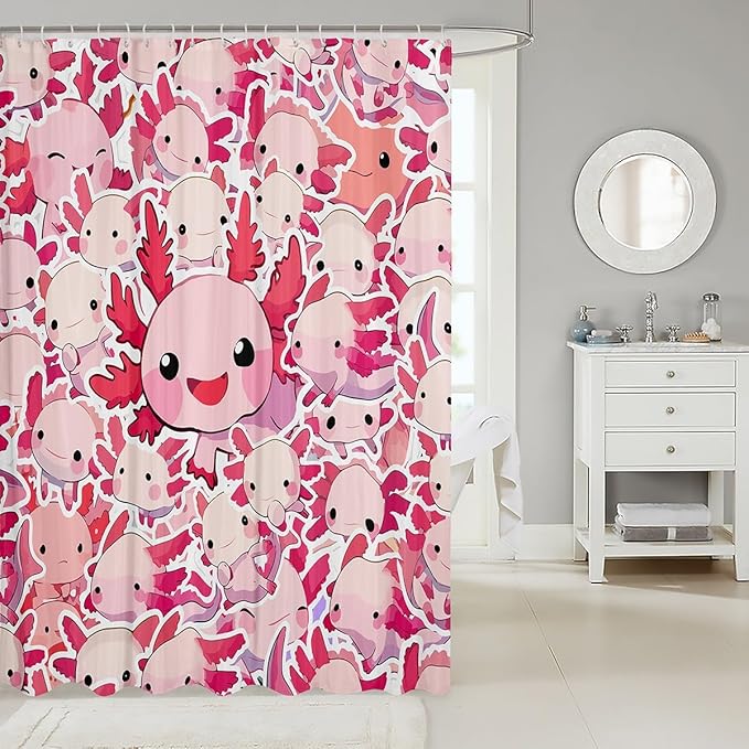 Feelyou Boys Girls Cute Axolotl Shower Curtain Ocean Sealife Bathroom Shower Curtain Set Kids Cartoon Salamander Bath Curtain Kawaii Teens Bathroom Accessories Room Decor 72"x78"