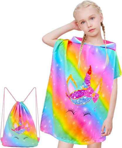 Kids Hooded Towels for Girls, Unicorn Hooded Beach Towel for Kids, Soft & Absorbent Cotton Kids Poncho Towels for 3-8 Years, 24"x24"(Rainbow Unicorn)