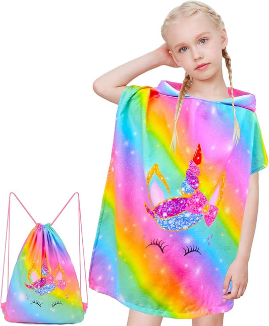Kids Hooded Towels for Girls, Unicorn Hooded Beach Towel for Kids, Soft & Absorbent Cotton Kids Poncho Towels for 3-8 Years, 24"x24"(Rainbow Unicorn)