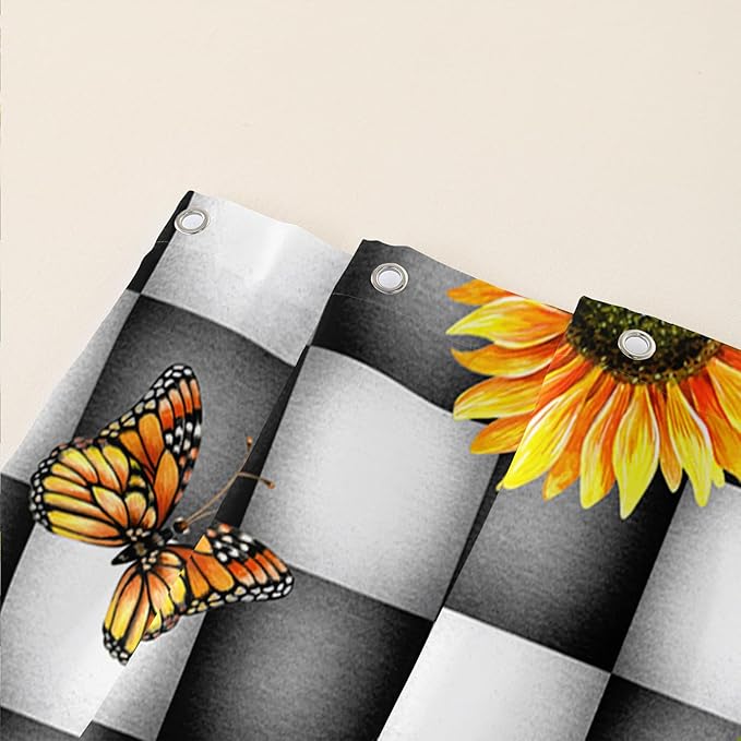 AILONEN Sunflower Shower Curtain for Bath Curtain,Black and White Grid Butterfly Bath Curtain,Garden Flower Yellow Floral Waterproof Shower Curtain 72" W x 96" H