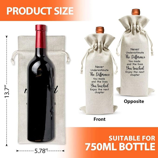 Retirement Gifts Wine Bag, Retirement Thank You Gift For Colleagues Friend Employee Boss, Never Underestimate the Difference You Make Reusable Linen Bags