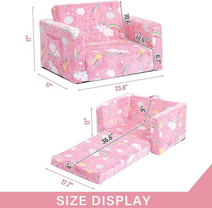 Tiita Toddler Chairs, 2-in-1 Kids Sofa Bed Fold Out, Plush Children's Foam Chair for Boys and Girls, Small Convertible Couch for Baby, Pink Rainbow