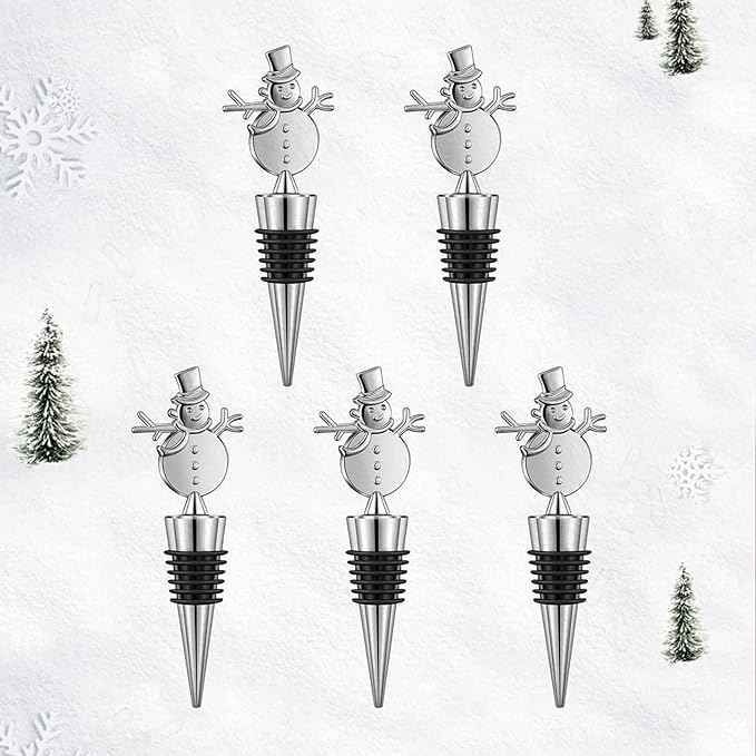 Christmas Wine Bottle Stoppers 5-Packs-Wine Saver Zinc Alloy Silicone,Reusable Leak Proof Keep Fresh Wine Corks,for Gifts,Bar,Holiday,Party,Wedding,Camping for Standard Bottle (Snowman)