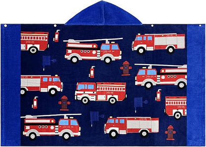 BANGSAUR Kids Hooded Beach Towels, 100% Cotton 50x30 inches Bath Pool Towel Wrap, Toddlers Boys 3-12 Years Coverup Fire Truck