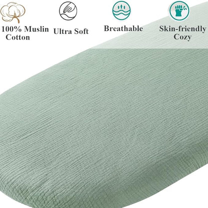 Muslin Bassinet Sheet Compatible with Fisher-Price Soothing Motions, Luminate Bassinet, Chicco LullaGo Anywhere Portable Bassinet, 2 Pack Cotton Fitted Sheets for Baby Roman Green & Botanical Leaf