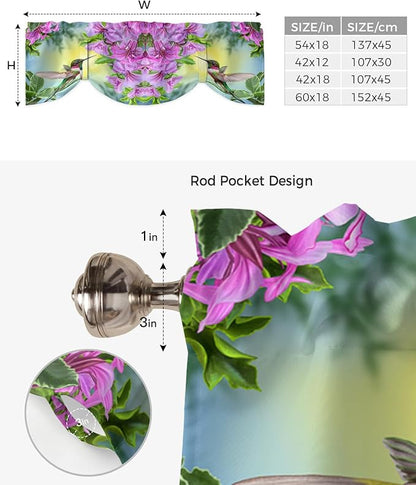 Pink Flowers Blackout Tie Up Valance Curtains for Kitchen Windows Hummingbird Window Toppers Balloon Shades for Living Room/Bathroom/Bedroom,1 Panel,54" X 18"