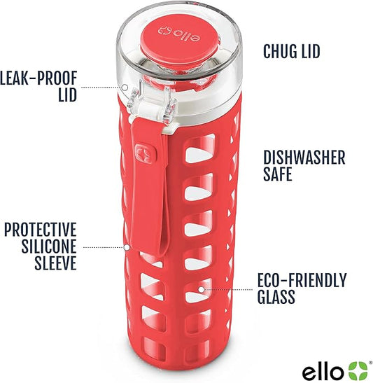 Ello Syndicate Glass Water Bottle with One-Touch Flip Lid and Protective Silicone Sleeve and Carry Loop, BPA Free, Dishwasher Safe,20oz