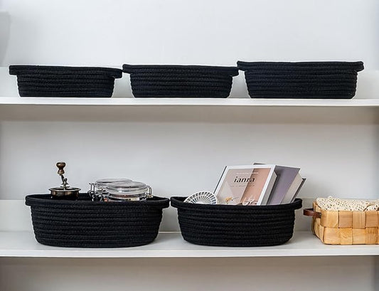 CubesLand Small Shelf Shelves Closet Basket,Woven Toy Basket Bin for Organizing,Storage Cube Organizer Basket Bin,Cute Rope Gifts Basket,Dog Cat Toy Basket Box,Over Toilet Storage Basket,Black 5-Piece